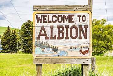 Albion, Washington, USA. Welcome sign for the small town of Albion.