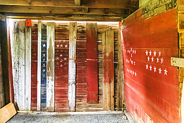 Latah, Washington, USA. May 24, 2021. Garage in an old barn decorated in red, white, and blue. Editorial Use Only