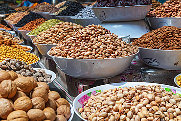 Dushanbe, Tajikistan. Nuts for sale at the Mehrgon Market in Dushanbe.