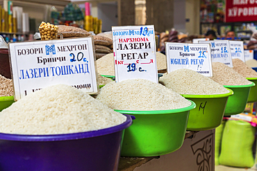 Dushanbe, Tajikistan. Rice for sale at the Mehrgon Market in Dushanbe.