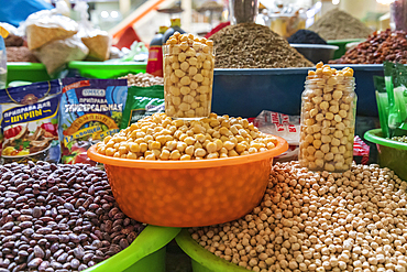 Dushanbe, Tajikistan. August 12, 2021. Chick peas and beans for sale at the Mehrgon Market in Dushanbe. Editorial Use Only