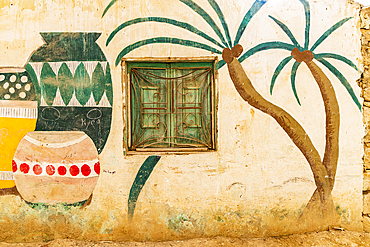 Faiyum, Egypt. February 19, 2022. Building decorated with murals in the village of Faiyum.