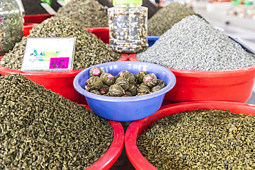 Dushanbe, Tajikistan. Teas for sale at the Mehrgon Market in Dushanbe.