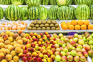 Dushanbe, Tajikistan. Fresh fruit for sale at the Mehrgon Market in Dushanbe.