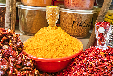 Dushanbe, Tajikistan. Spices and chili peppers for sale at the Mehrgon Market in Dushanbe.