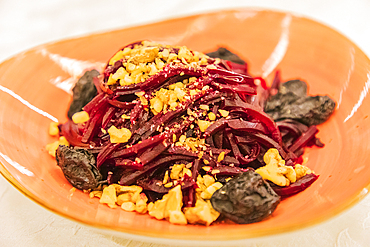 Dushanbe, Tajikistan. Beet dish at a tea house, in Danghara..