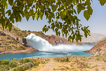 Nurek, Khatlon Province, Tajikistan. Spillway on the Nurek Dam, on the Kyzylsu River.