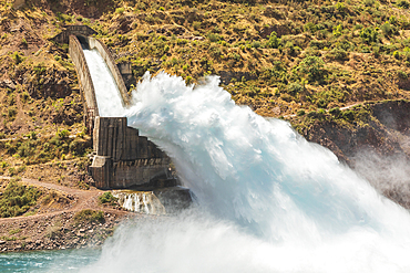 Nurek, Khatlon Province, Tajikistan. Spillway on the Nurek Dam, on the Kyzylsu River.