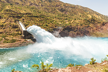 Nurek, Khatlon Province, Tajikistan. Spillway on the Nurek Dam, on the Kyzylsu River.