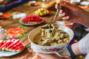 Margib, Sughd Province, Tajikistan. A bowl of noodle soup at a mountain guest house.