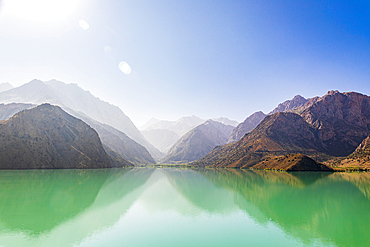 Iskanderkul, Sughd Province, Tajikistan. Misty mountains above Iskanderkul Lake.