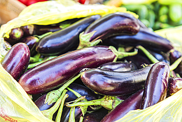 Sarvoda, Sughd Province, Tajikistan. Eggplants for sale at an outdoor market.