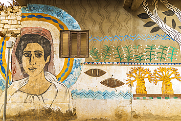 Faiyum, Egypt. February 19, 2022. Building decorated with murals in the village of Faiyum.