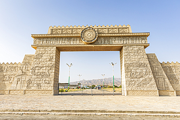 Panjakent, Sughd Province, Tajikistan. August 18, 2021. Reconstructed gate at the entrance to the Sarazm Archaeological Site. Editorial Use Only