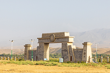 Panjakent, Sughd Province, Tajikistan. August 18, 2021. Reconstructed gate at the entrance to the Sarazm Archaeological Site. Editorial Use Only