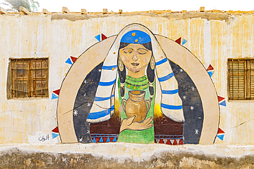 Faiyum, Egypt. February 19, 2022. Building decorated with murals in the village of Faiyum.