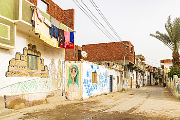 Faiyum, Egypt. February 19, 2022. Building decorated with murals in the village of Faiyum.