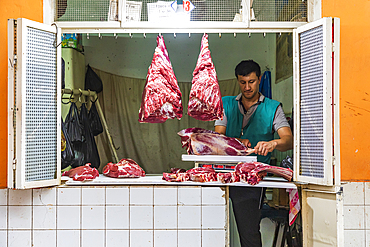 Khujand, Sughd Province, Tajikistan. August 20, 2021. Butcher shop in the Panjshanbe Bazaar in Khujand. Editorial Use Only