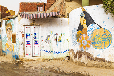 Faiyum, Egypt. February 19, 2022. Building decorated with murals in the village of Faiyum.