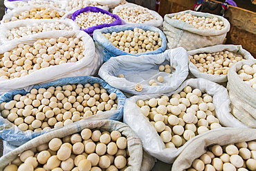 Khujand, Sughd Province, Tajikistan. Salted cheese balls at the Panjshanbe Bazaar in Khujand.