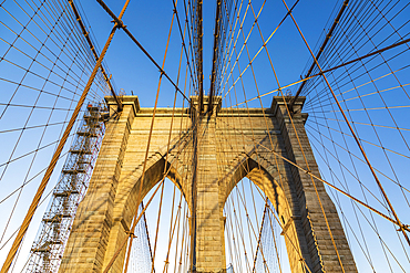 Manhattan, New York City, New York, USA. Cables and tower on the Brooklyn Bridge.