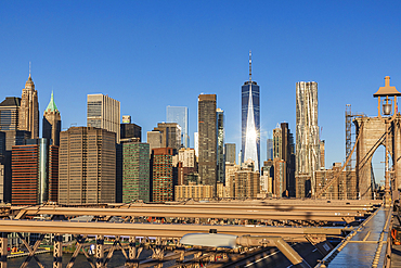 Manhattan, New York City, New York, USA. Manhattan seen from the Brooklyn Bridge.