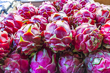 Chinatown, Manhattan, New York City, New York, USA. Red dragon fruit for sale in Chinatown.