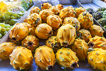 Chinatown, Manhattan, New York City, New York, USA. Yellow dragon fruit for sale in Chinatown.