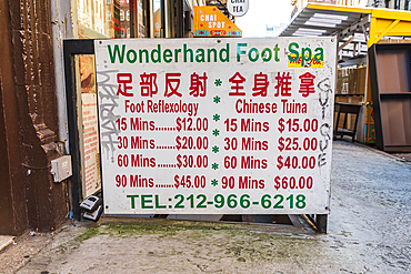 Chinatown, Manhattan, New York City, New York, USA. November 3, 2021. Menu at the Wonderhad Foot Spa in Chinatown.