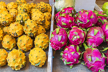 Chinatown, Manhattan, New York City, New York, USA. Red and yellow dragonfruit for sale in Chinatown.