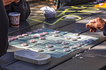 Chinatown, Manhattan, New York City, New York, USA. People playing Chinese Chess in Columbus Park.