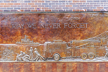 Manhattan, New York City, New York, USA. November 3, 2021. The Firefighters Memorial at the 9/11 Memorial in Lower Manhattan.