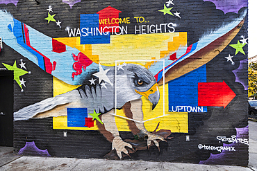 Washington Heights, Manhattan, New York City, New York, USA. November 4, 2021. A hawk on a mural by Totem TC5 in Washington Heights.