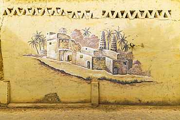 Faiyum, Egypt. February 19, 2022. Wall decorated with murals in the village of Faiyum.