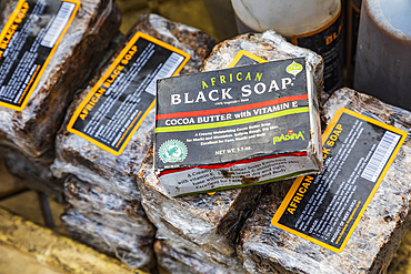 Harlem, Manhattan, New York City, New York, USA. November 4, 2021. African Black Soap for sale by a sidewalk vendor.