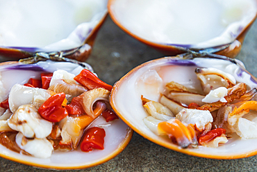 Playa El Tecolote, La Paz, Baja California Sur, Mexico. Clam ceviche served on the shell.