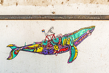 La Paz, Baja California Sur, Mexico. November 11, 2021. Colorful mural of a whale in La Paz.