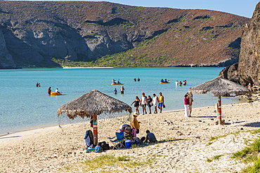 Playa Balandra, La Paz, Baja California Sur, Mexico. November 12, 2021. Beachgoers along Balandra Beach near La Paz.