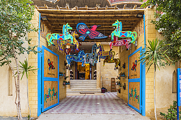 Faiyum, Egypt. February 19, 2022. Entrance to a crafts store in the village of Faiyum.