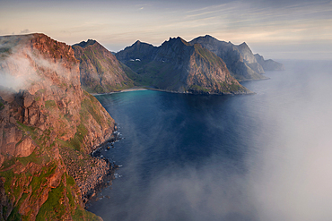 Midnight sun in Lofoten Islands, over Arctic Circle, Norway, Europe