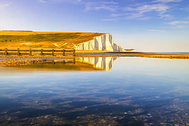 Seven Sisters chalk cliffs at sunset, South Downs National Park, East Sussex, England, United Kingdom, Europe