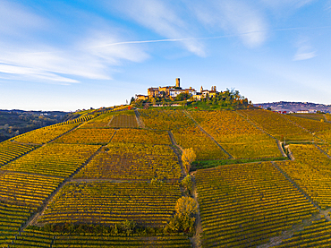 Aerial view of Castiglione Falletto on a beautiful autumn day, UNESCO World Heritage Site, Cuneo province, Piedmont, Italy, Europe