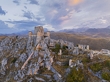 Aerial view taken by drone of Rocca Calascio castle during an autumn sunrise, National Park of Gran Sasso and Monti of Laga, Abruzzo, Italy, Europe