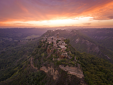 A magnificient aerial view of the beautiful village of Civita di Bagnoregio during an autumn sunset, Civia di Bagnoregio, Viterbo, Lazio, Italy, Europe