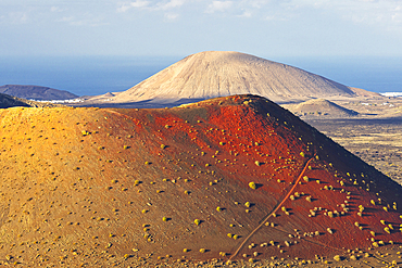 Aerial view of Caldera Colorada at sunset, Tinajo, Las Palmas, Lanzarote, Canary Islands, Spain, Atlantic, Europe