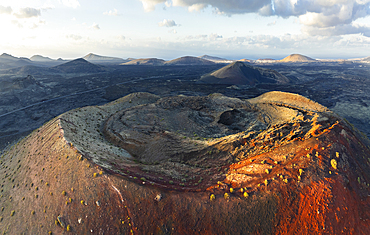 Aerial view of Caldera Colorada at sunset, Tinajo, Las Palmas, Lanzarote, Canary Islands, Spain, Atlantic, Europe