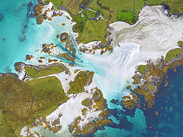 Aerial view taken by drone of the coast of Gimsoya Island during an autumn day, Lofoten Islands, Nordland, Norway, Scandinavia, Europe