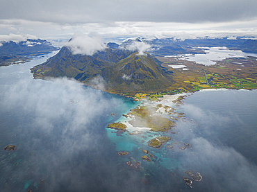 Aerial view taken by drone of Gimsoya Island during an autumn day, Lofoten Islands, Nordland, Norway, Scandinavia, Europe