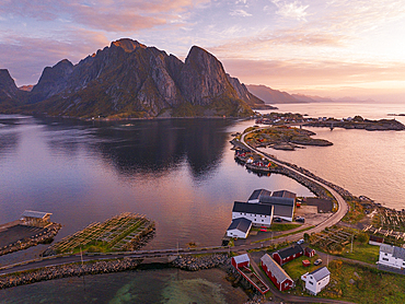 Amazing aerial view taken by drone of the Sakrisoy and Hamnoy Bay during a sunrise, Lofoten Islands, Nordland, Norway, Scandinavia, Europe