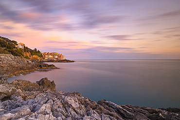 Long exposure to capture the sunset light near to Tellaro village, on a winter day, La Spezia province, Liguria district, Italy, Europe